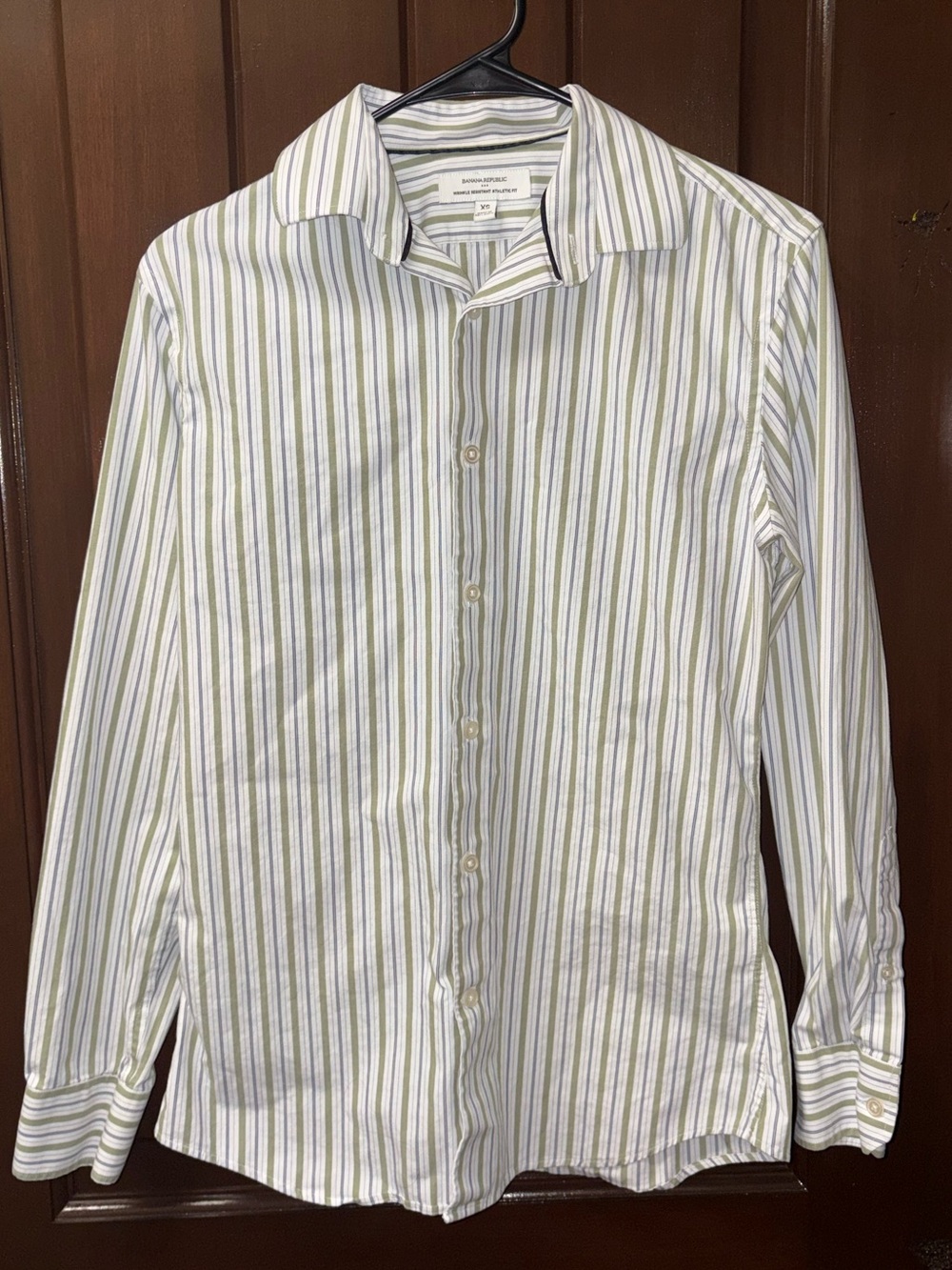 Banana Republic White Dress Shirt with Green & Gray Stripes